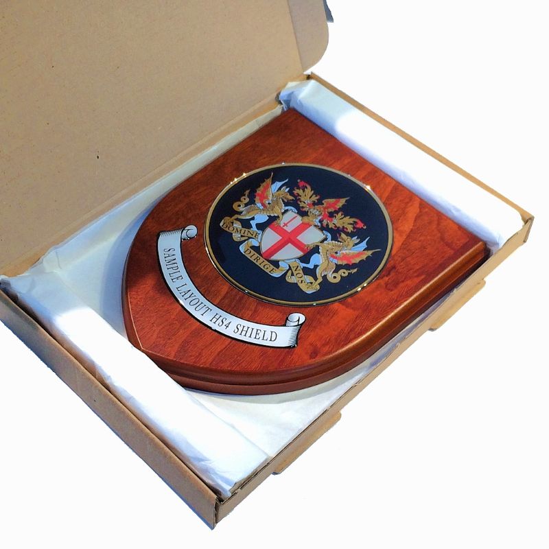 Presentation shield with round shaped centrepiece and scroll.